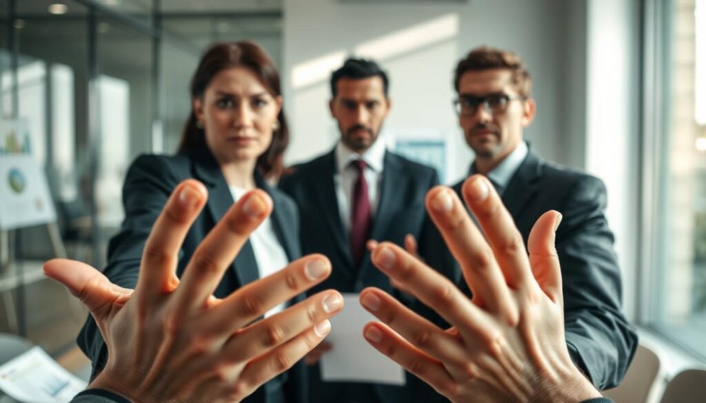 A close-up scene focusing on two professionals engaged in a serious discussion, both dressed in smart business attire. The foreground features their hands gesturing expressively, symbolizing communication. In the middle, their faces display a range of emotions—concern, contemplation, and attentiveness—highlighting the importance of non-verbal cues in conversation. The background is softly blurred, showcasing a modern office environment with subtle elements like a meeting table and charts, creating an atmosphere of professionalism and urgency. Soft, natural light filters through a window, casting gentle shadows that enhance the mood, suggesting a weighty conversation about trust and red flags in communication. The image captures the essence of identifying behavioral signals and warning signs. A close-up scene focusing on two professionals engaged in a serious discussion, both dressed in smart business attire. The foreground features their hands gesturing expressively, symbolizing communication. In the middle, their faces display a range of emotions—concern, contemplation, and attentiveness—highlighting the importance of non-verbal cues in conversation. The background is softly blurred, showcasing a modern office environment with subtle elements like a meeting table and charts, creating an atmosphere of professionalism and urgency. Soft, natural light filters through a window, casting gentle shadows that enhance the mood, suggesting a weighty conversation about trust and red flags in communication. The image captures the essence of identifying behavioral signals and warning signs.