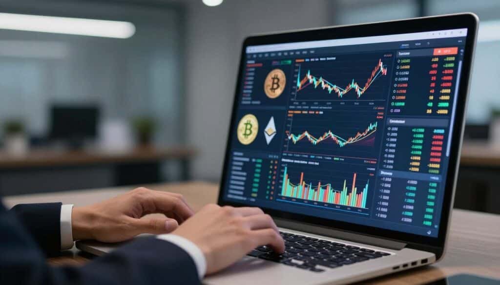 A close-up view of a computer screen displaying a colorful, dynamic dashboard of cryptocurrency charts and graphs, showcasing fluctuating prices and market trends. In the foreground, a pair of hands in professional business attire is typing on a laptop, focused on analyzing the data. The middle ground features a variety of digital currencies, with Bitcoin and Ethereum symbols vividly highlighted on the screen. In the background, a sleek, modern office space with subtle lighting creates a productive atmosphere, reflecting an air of seriousness and analysis. The lighting is soft but sufficient to emphasize the vibrant colors of the charts, while a slight depth of field effect draws attention to the hands and screen, conveying a sense of urgency and focus in crypto analysis.