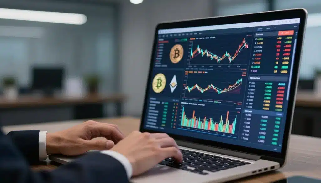 A close-up view of a computer screen displaying a colorful, dynamic dashboard of cryptocurrency charts and graphs, showcasing fluctuating prices and market trends. In the foreground, a pair of hands in professional business attire is typing on a laptop, focused on analyzing the data. The middle ground features a variety of digital currencies, with Bitcoin and Ethereum symbols vividly highlighted on the screen. In the background, a sleek, modern office space with subtle lighting creates a productive atmosphere, reflecting an air of seriousness and analysis. The lighting is soft but sufficient to emphasize the vibrant colors of the charts, while a slight depth of field effect draws attention to the hands and screen, conveying a sense of urgency and focus in crypto analysis. A close-up view of a computer screen displaying a colorful, dynamic dashboard of cryptocurrency charts and graphs, showcasing fluctuating prices and market trends. In the foreground, a pair of hands in professional business attire is typing on a laptop, focused on analyzing the data. The middle ground features a variety of digital currencies, with Bitcoin and Ethereum symbols vividly highlighted on the screen. In the background, a sleek, modern office space with subtle lighting creates a productive atmosphere, reflecting an air of seriousness and analysis. The lighting is soft but sufficient to emphasize the vibrant colors of the charts, while a slight depth of field effect draws attention to the hands and screen, conveying a sense of urgency and focus in crypto analysis.