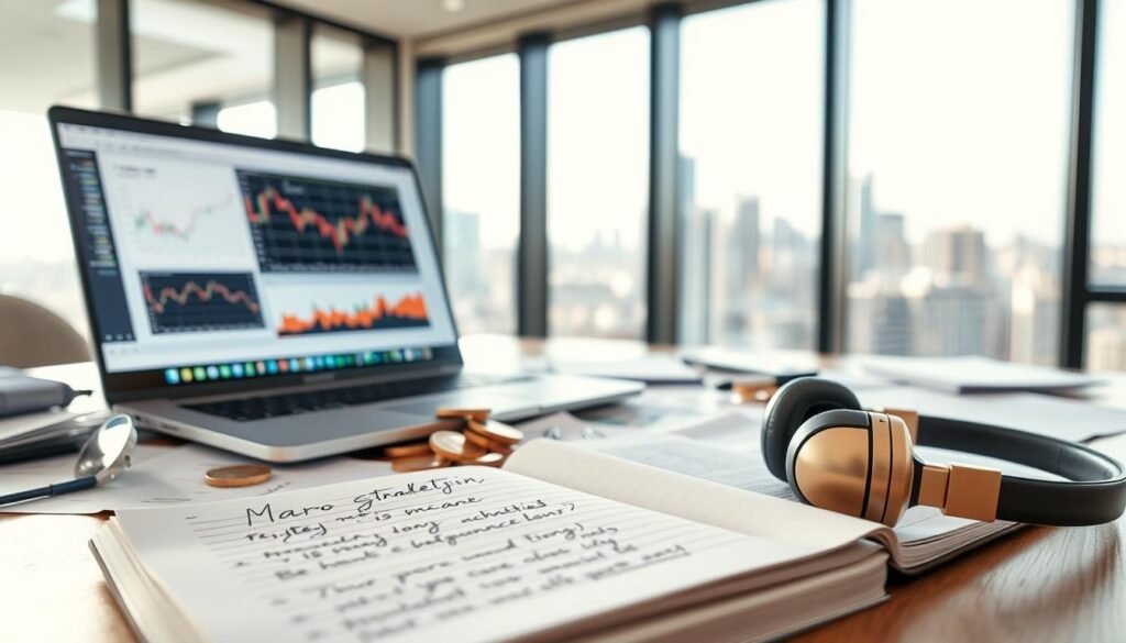 A close-up view of a filled desk workspace, featuring a sleek laptop displaying financial charts and cryptocurrency trends on the screen, surrounded by scattered papers with market analysis notes and colorful cryptocurrency coins. In the foreground, a well-organized notebook lies open with handwritten podcast notes and headphones next to it, symbolizing a macro-minded approach. The background showcases a blurred city skyline through a large window, with soft, natural lighting pouring in, creating a professional and inviting atmosphere. Use a shallow depth of field to emphasize the details on the desk while lightly blurring the cityscape, evoking a sense of focus on investment strategy amidst a bustling urban environment.