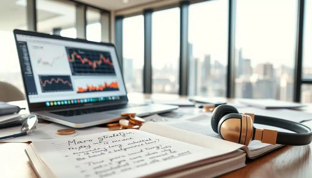 A close-up view of a filled desk workspace, featuring a sleek laptop displaying financial charts and cryptocurrency trends on the screen, surrounded by scattered papers with market analysis notes and colorful cryptocurrency coins. In the foreground, a well-organized notebook lies open with handwritten podcast notes and headphones next to it, symbolizing a macro-minded approach. The background showcases a blurred city skyline through a large window, with soft, natural lighting pouring in, creating a professional and inviting atmosphere. Use a shallow depth of field to emphasize the details on the desk while lightly blurring the cityscape, evoking a sense of focus on investment strategy amidst a bustling urban environment.