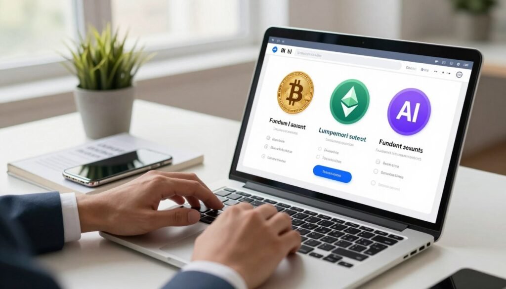 A close-up view of a modern digital payment method interface displayed on a sleek laptop screen, featuring various cryptocurrencies such as Bitcoin, Ethereum, and AI tokens represented by vibrant icons. In the foreground, a pair of hands in professional business attire are interacting with the screen, highlighting the act of selecting a funding amount. The middle ground features a stylish, minimalistic workspace with a neatly arranged smartphone, cryptocurrency guide book, and a potted plant for a touch of greenery. The background suggests a well-lit office environment with large windows letting in soft natural light, creating a warm and inviting atmosphere. The overall mood should convey professionalism and innovation in the context of financial technology.