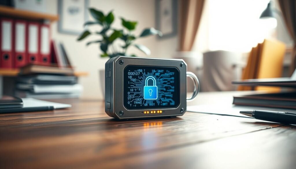 A close-up view of a modern, secure encryption key device on a wooden desk, with a blurred background of a financial planning office filled with neatly organized files and a potted plant. The key device should have an intricate design, featuring glowing LED indicators and a digital screen displaying abstract lines of code, symbolizing cryptocurrency security. Soft, diffused lighting creates a professional atmosphere, highlighting the device's sleek metallic finish. Capture this at a slight angle to emphasize depth, with shadows subtly outlining the key and adding a sense of importance. The overall mood should convey a sense of urgency and trustworthiness in handling digital assets for estate planning.