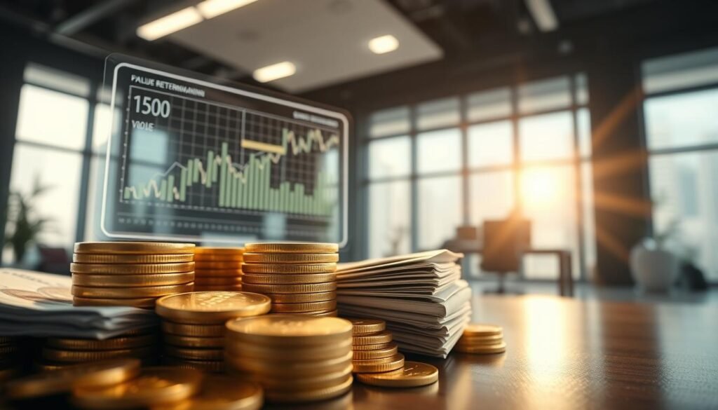 A close-up view of a secure financial environment showcasing fiat reserves that support stablecoins. In the foreground, stacks of gold coins and crisp banknotes, symbolizing traditional currency, glisten under soft, warm lighting. The middle ground features a modern financial ledger, with graphs and charts displaying stability and value retention, illustrated through a transparent digital screen. The background has a sleek, contemporary office space with large windows letting in natural light, creating a bright and optimistic atmosphere. A subtle lens flare adds a touch of dynamism, emphasizing the importance of these assets in maintaining stablecoin value. The overall mood is professional and reassuring, reflecting trust in the financial system without any text or distractions.