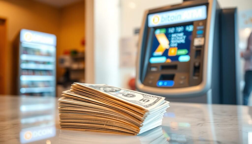 A close-up view of a stack of crisp, freshly printed cash bills, meticulously arranged and fanned out on a sleek marble surface. In the foreground, the cash displays various denominations, vividly showcasing details such as serial numbers and intricate designs. In the middle ground, a Bitcoin ATM is seen prominently, featuring a touchscreen interface, illuminated buttons, and a user-friendly layout, with a soft glow emanating from its screen. The background is softly blurred, suggesting a well-lit, modern space, possibly a convenience store or a tech-savvy establishment. The lighting is bright yet warm, creating an inviting atmosphere. The mood is one of anticipation and financial empowerment, perfectly suited for anyone considering their next transaction at a Bitcoin ATM.