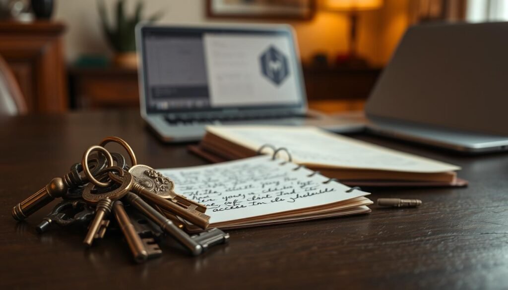 A close-up view of an elegant, vintage keyring showcasing assorted antique keys, some glimmering with gold and silver finishes. The keys are arranged on a dark, polished wooden table in the foreground, highlighting their intricate designs and histories. In the middle ground, softly blurred, we see a vintage leather-bound notebook with handwritten notes on cryptocurrency and access instructions. The background features a warm, softly lit room with subtle hints of modern technology, such as a sleek laptop and a blockchain graphic on the wall, illustrating the intersection of tradition and innovation. The atmosphere is one of thoughtful reflection, conveying the complexity and importance of key management in the context of inheritance, with gentle ambient lighting to set a contemplative mood.