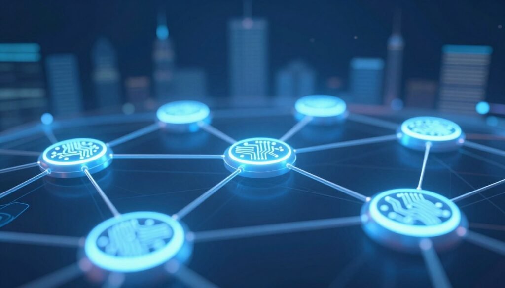 A close-up view of interconnected blockchain nodes in a digital network, illustrating the concept of decentralization. In the foreground, focus on three glowing nodes with intricate circuit patterns, highlighting their connections with bright, flowing lines of light. The middle ground showcases a network of nodes, some pulsing gently to symbolize data transmission, surrounded by a soft, blue ambient light. In the background, faint silhouettes of a city skyline represent the vast applications of blockchain technology. The overall atmosphere is modern and technological, with hints of innovation. Utilize a shallow depth of field for clarity on the nodes, employing cool lighting and a slightly angled view to create depth and movement.