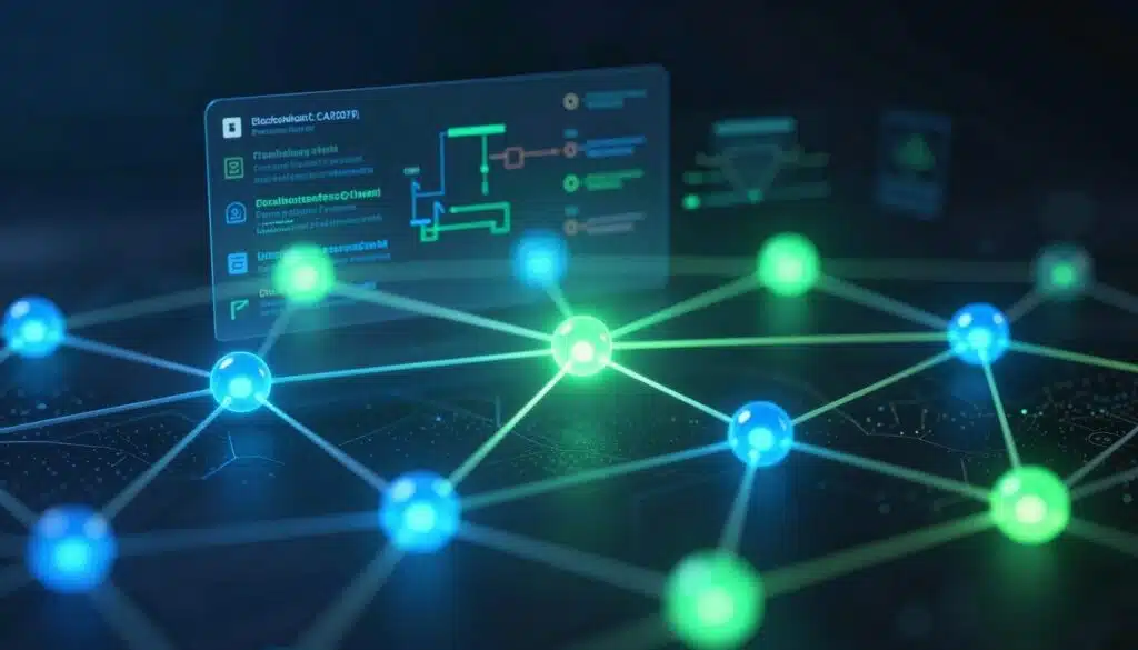 A close-up view of interconnected nodes representing a blockchain network, vividly illustrating the concept of consensus in a digital landscape. In the foreground, several glowing nodes vibrant in blue and green hues are connected by bright lines, symbolizing the flow of information. The middle ground features semi-transparent layers of software versions and algorithms, softly illuminated to create depth. In the background, a dark gradient creates a technological feel, with subtle digital patterns suggesting complexity and security. The lighting is dramatic, casting soft glows around the nodes, enhancing a futuristic atmosphere. The overall mood is one of innovation and collaboration, inviting viewers to explore the intricacies of blockchain forking.