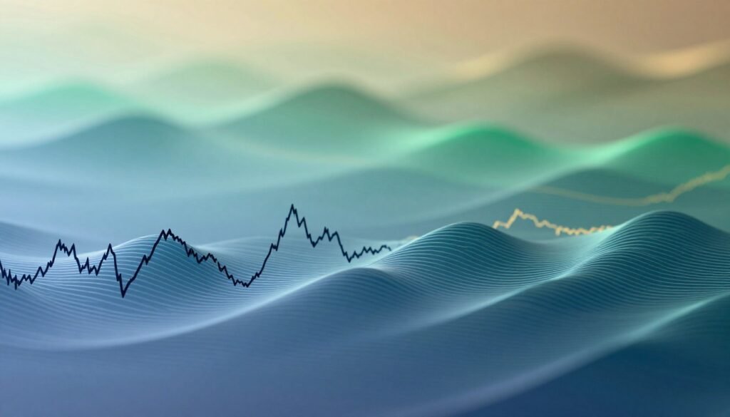 A close-up view of intricate wave patterns, elegantly undulating across a serene surface, symbolizing the dynamic movements found in cryptocurrency markets. In the foreground, the waves are depicted with detailed lines representing peaks and troughs, demonstrating the subtleties of Elliott Wave Theory. The middle ground includes softer, flowing waves that gradually blend into the background, which features a vibrant gradient of colors—blues, greens, and hints of gold—evoking the digital landscape of cryptocurrencies. Soft, diffused lighting enhances the textures of the waves, creating a calm yet intriguing atmosphere. The angle of view is slightly elevated, inviting the observer to dive into the depths of analysis while maintaining a professional, polished aesthetic. The overall mood is one of focus and clarity, inspiring confidence in the patterns illustrated.