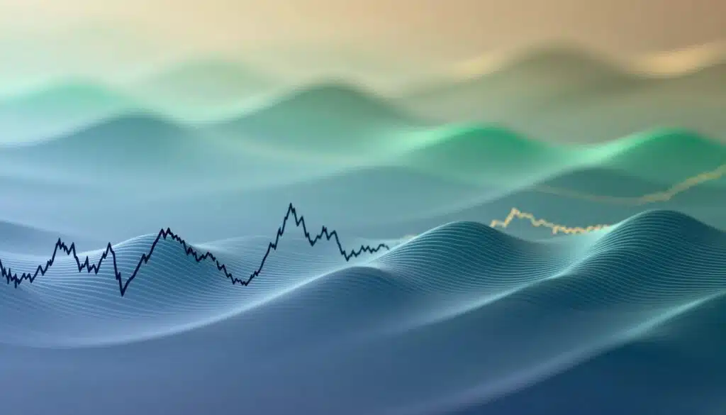 A close-up view of intricate wave patterns, elegantly undulating across a serene surface, symbolizing the dynamic movements found in cryptocurrency markets. In the foreground, the waves are depicted with detailed lines representing peaks and troughs, demonstrating the subtleties of Elliott Wave Theory. The middle ground includes softer, flowing waves that gradually blend into the background, which features a vibrant gradient of colors—blues, greens, and hints of gold—evoking the digital landscape of cryptocurrencies. Soft, diffused lighting enhances the textures of the waves, creating a calm yet intriguing atmosphere. The angle of view is slightly elevated, inviting the observer to dive into the depths of analysis while maintaining a professional, polished aesthetic. The overall mood is one of focus and clarity, inspiring confidence in the patterns illustrated.