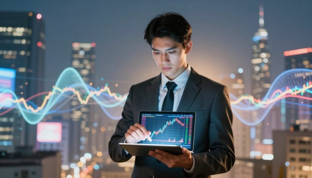 A composite man concept illustrated as a central figure wearing sophisticated business attire, seamlessly blending elements of various professions such as a trader, analyst, and strategist. The foreground features him confidently analyzing a digital trading chart on a sleek tablet, showcasing candlestick patterns and market data. In the middle ground, abstract representations of trading ranges and cyclical market movements, visualized as dynamic waves of light and color, enhance the sense of financial complexity. The background includes a futuristic cityscape with illuminated skyscrapers and digital billboards, symbolizing a thriving economy. The lighting is bright and focused, emanating from the tablet, casting a warm glow around the figure, creating an atmosphere of ambition and strategic foresight. Shot from a slightly low angle for an authoritative perspective.