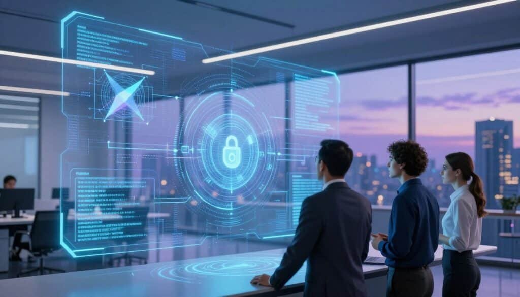A conceptual illustration of Zero-Knowledge Proofs in action, featuring a digital representation of a secure blockchain transaction. In the foreground, a diverse group of three professionals in business attire are engaged in a focused discussion around a futuristic holographic display showcasing encrypted data flow. The middle layer displays abstract geometric shapes and digital patterns, symbolizing cryptographic functions and privacy technologies. The background features a sleek, modern office space with large windows revealing a city skyline at dusk, bathed in soft blue and purple lighting, creating a calm yet high-tech atmosphere. The composition should have a slight tilt, emphasizing depth and perspective, to evoke a sense of innovation and forward-thinking security solutions.