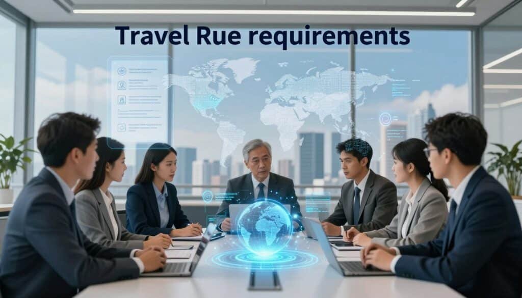 A conceptual illustration of the "Travel Rule requirements" in a modern financial setting. In the foreground, a diverse team of professionals in business attire, engaged in a focused discussion around a digital table displaying an animated globe and data streams. In the middle, transparent holographic interfaces show compliance documents, regulatory symbols, and encrypted transaction details, while connecting important cities across a world map. The background features a sleek office environment with large windows, revealing a city skyline under a blue sky. Soft, natural lighting fills the space, creating a professional and collaborative atmosphere. The overall mood is one of innovation and urgency, reflecting the cross-border data requirements related to AI crypto regulations.