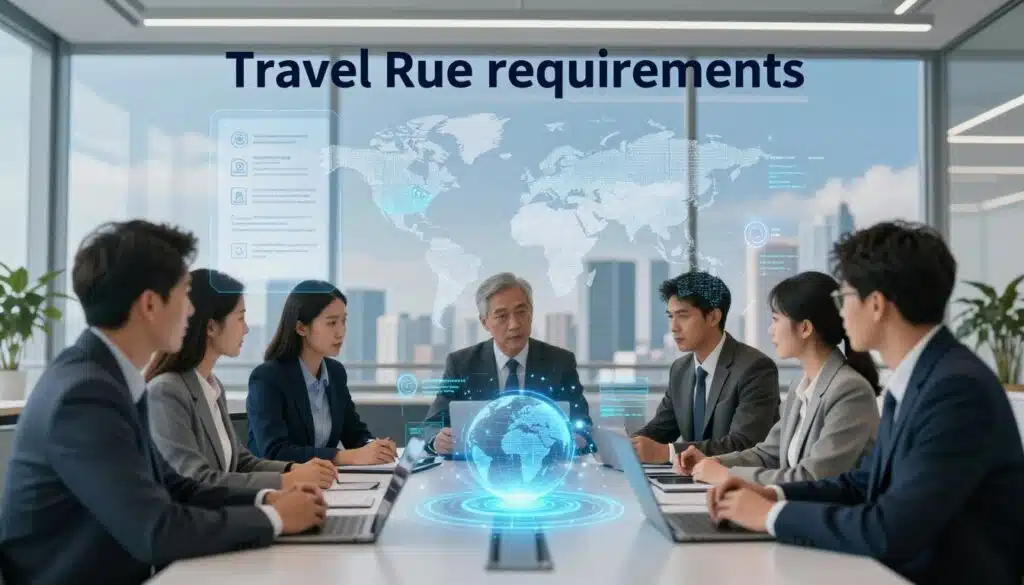A conceptual illustration of the "Travel Rule requirements" in a modern financial setting. In the foreground, a diverse team of professionals in business attire, engaged in a focused discussion around a digital table displaying an animated globe and data streams. In the middle, transparent holographic interfaces show compliance documents, regulatory symbols, and encrypted transaction details, while connecting important cities across a world map. The background features a sleek office environment with large windows, revealing a city skyline under a blue sky. Soft, natural lighting fills the space, creating a professional and collaborative atmosphere. The overall mood is one of innovation and urgency, reflecting the cross-border data requirements related to AI crypto regulations. A conceptual illustration of the "Travel Rule requirements" in a modern financial setting. In the foreground, a diverse team of professionals in business attire, engaged in a focused discussion around a digital table displaying an animated globe and data streams. In the middle, transparent holographic interfaces show compliance documents, regulatory symbols, and encrypted transaction details, while connecting important cities across a world map. The background features a sleek office environment with large windows, revealing a city skyline under a blue sky. Soft, natural lighting fills the space, creating a professional and collaborative atmosphere. The overall mood is one of innovation and urgency, reflecting the cross-border data requirements related to AI crypto regulations.
