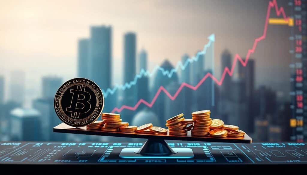 A conceptual illustration of "token supply risk" in cryptocurrency. In the foreground, a digital scale balances a large cryptocurrency coin on one side and a pile of fluctuating, colorful tokens on the other, symbolizing volatility and uncertainty. In the middle, visually represent data graphs with ascending and descending lines, displaying market trends and token supply changes around the scale. The background features a soft-focus city skyline or a virtual interface with glowing circuitry, conveying a high-tech atmosphere. Use dramatic lighting to highlight the scale and tokens, casting dynamic shadows that evoke a sense of tension. The mood should be one of cautious intrigue, capturing the essence of risk in digital finance without any text or human elements.