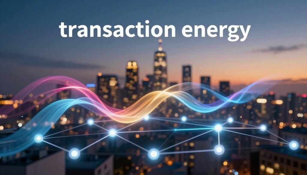 A conceptual illustration of "transaction energy" in the context of blockchain technology. In the foreground, visualize a stylized digital representation of a blockchain network, with glowing nodes interconnected by luminous lines, symbolizing transactions. The middle ground features abstract energy waves in vibrant colors, flowing from one node to another, illustrating the energy consumption per transaction. In the background, a city skyline at dusk is visible, with soft golden lights and a gradient sky, creating a contrast between the digital and physical worlds. Use dramatic, focused lighting to highlight the energy waves, while keeping the overall atmosphere dynamic yet thoughtful, representing the complexity of energy consumption in blockchain transactions. The composition should invite reflection without any text, maintaining a professional tone.