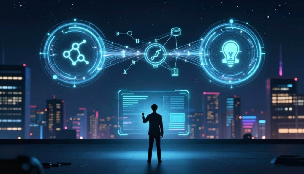 A conceptual visualization of a zero-knowledge proof, showcasing a secure digital transaction. In the foreground, a stylized person in business attire, examining a holographic interface showing encrypted data streams. The middle layer features glowing mathematical symbols and cryptographic algorithms flowing between two abstract digital nodes, representing a secure connection. The background represents a futuristic cityscape at night, illuminated by neon lights, with a clear starry sky. The lighting is sharp and dramatic, casting deep shadows to enhance the mysterious, secure atmosphere of blockchain technology. The composition captures a sense of innovation and trust in digital privacy.