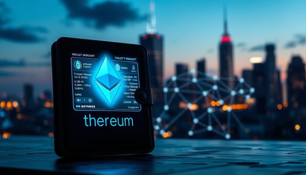 A detailed Ethereum wallet displayed prominently in the foreground, featuring a sleek digital interface with vibrant holographic elements showcasing transaction data and Ethereum logos. In the middle ground, an abstract representation of blockchain connections, indicated by illuminated lines and nodes, symbolizes the network’s activity. The background is a city skyline at dusk, lit by soft neon lights, evoking a sense of innovation and the digital economy. The scene is lit with a cool, bluish tone to highlight the tech aspect, using a slightly elevated angle to provide depth. The atmosphere is dynamic and futuristic, conveying the concept of transparency in cryptocurrency while maintaining a sense of anonymity.