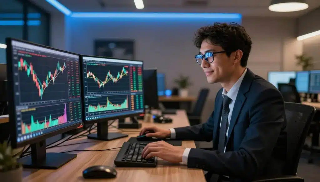A detailed and dynamic illustration of "price action" in a modern cryptocurrency trading environment. In the foreground, a well-organized trading desk with multiple screens displaying candlestick charts and price movement graphs in vibrant colors. In the middle ground, a focused trader in professional business attire, intently analyzing data, with reflections of market trends on their glasses. The background features a stylishly designed crypto-themed office, accented by soft blue LED lights that create a tech-savvy atmosphere. The overall mood is one of concentration and optimism, with warm ambient lighting that highlights the trader's determination. Use a wide-angle lens perspective to capture the breadth of the trading setup, ensuring clarity and detail in the charts and surroundings. A detailed and dynamic illustration of "price action" in a modern cryptocurrency trading environment. In the foreground, a well-organized trading desk with multiple screens displaying candlestick charts and price movement graphs in vibrant colors. In the middle ground, a focused trader in professional business attire, intently analyzing data, with reflections of market trends on their glasses. The background features a stylishly designed crypto-themed office, accented by soft blue LED lights that create a tech-savvy atmosphere. The overall mood is one of concentration and optimism, with warm ambient lighting that highlights the trader's determination. Use a wide-angle lens perspective to capture the breadth of the trading setup, ensuring clarity and detail in the charts and surroundings.