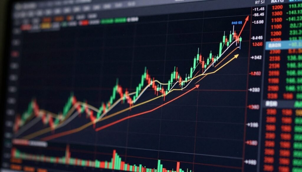 A detailed and vibrant crypto price chart representing various cryptocurrencies, with candlestick patterns highlighting recent price fluctuations. In the foreground, a bold upward trend line intersects the chart, illustrating potential gains, while charts and indicators like RSI are visible. The middle section features a mix of green and red candlesticks, with precise, dynamic movement captured, showcasing the volatility of the crypto market. In the background, a sleek digital trading interface fades into dark tones, creating a tech-forward atmosphere. Soft, diffused lighting enhances clarity, providing an analytical and engaging mood, suitable for a trading analysis context. The angle is slightly elevated, focusing on the intricacies of the price movements while maintaining a professional finish. The entire composition is free from any text or watermarks, ensuring a clean visual appeal. A detailed and vibrant crypto price chart representing various cryptocurrencies, with candlestick patterns highlighting recent price fluctuations. In the foreground, a bold upward trend line intersects the chart, illustrating potential gains, while charts and indicators like RSI are visible. The middle section features a mix of green and red candlesticks, with precise, dynamic movement captured, showcasing the volatility of the crypto market. In the background, a sleek digital trading interface fades into dark tones, creating a tech-forward atmosphere. Soft, diffused lighting enhances clarity, providing an analytical and engaging mood, suitable for a trading analysis context. The angle is slightly elevated, focusing on the intricacies of the price movements while maintaining a professional finish. The entire composition is free from any text or watermarks, ensuring a clean visual appeal.