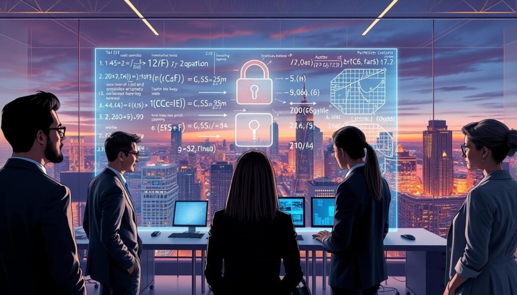 A detailed and visually engaging illustration of a digital landscape representing zero-knowledge proofs in cryptography. In the foreground, a diverse group of professionals (men and women) in business attire analyzing a large, transparent holographic screen displaying complex mathematical equations and graphical representations of cryptographic keys. In the middle ground, a sleek, futuristic office with high-tech gadgets and digital monitors showing security protocols and data flows. The background features a city skyline at dusk, with warm, ambient lighting that conveys a sense of innovation and technology. The angle should be slightly elevated to encompass both the characters and the digital environment, creating a dynamic atmosphere that emphasizes collaboration and advanced technology in cryptography.