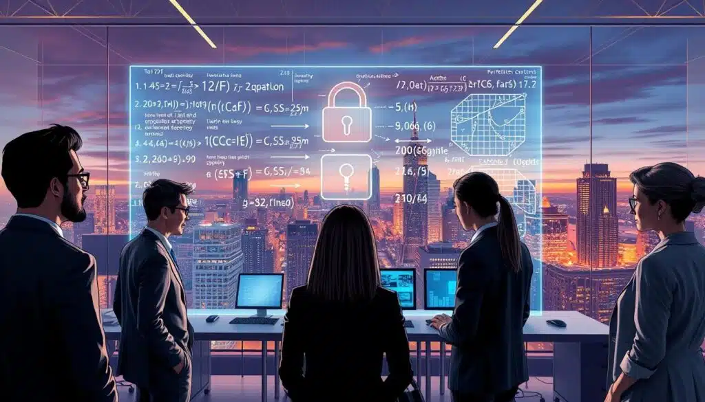 A detailed and visually engaging illustration of a digital landscape representing zero-knowledge proofs in cryptography. In the foreground, a diverse group of professionals (men and women) in business attire analyzing a large, transparent holographic screen displaying complex mathematical equations and graphical representations of cryptographic keys. In the middle ground, a sleek, futuristic office with high-tech gadgets and digital monitors showing security protocols and data flows. The background features a city skyline at dusk, with warm, ambient lighting that conveys a sense of innovation and technology. The angle should be slightly elevated to encompass both the characters and the digital environment, creating a dynamic atmosphere that emphasizes collaboration and advanced technology in cryptography. A detailed and visually engaging illustration of a digital landscape representing zero-knowledge proofs in cryptography. In the foreground, a diverse group of professionals (men and women) in business attire analyzing a large, transparent holographic screen displaying complex mathematical equations and graphical representations of cryptographic keys. In the middle ground, a sleek, futuristic office with high-tech gadgets and digital monitors showing security protocols and data flows. The background features a city skyline at dusk, with warm, ambient lighting that conveys a sense of innovation and technology. The angle should be slightly elevated to encompass both the characters and the digital environment, creating a dynamic atmosphere that emphasizes collaboration and advanced technology in cryptography.