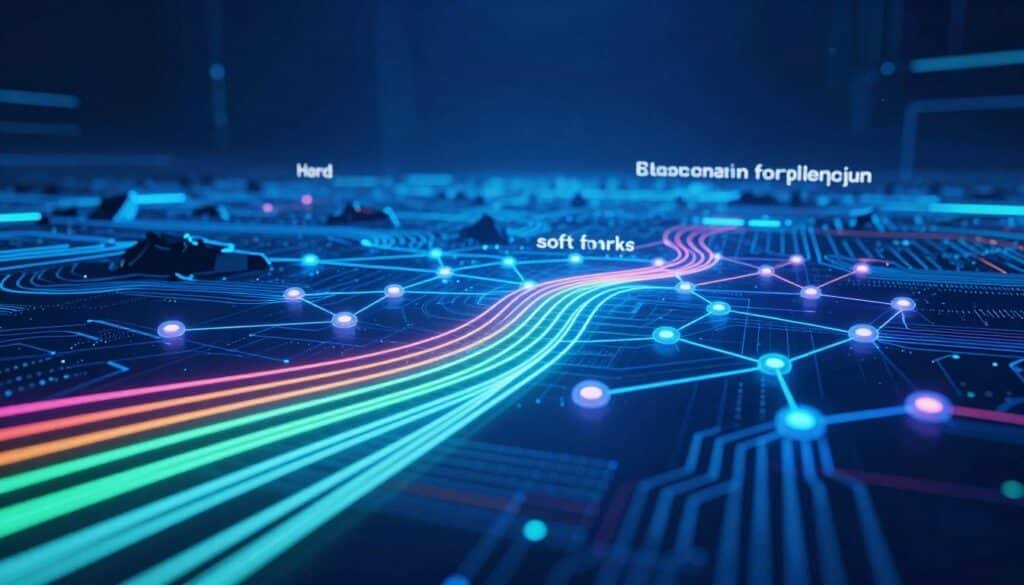 A detailed and visually engaging representation of network protocol changes in the context of blockchain forking, featuring abstract, interconnected nodes symbolizing different blockchain states. In the foreground, vibrant, luminous lines represent data flow and protocol adjustments. The middle layer showcases a digital landscape with layered circuit patterns and fragmented chains, illustrating hard and soft forks. The background includes a gradient of deep blues and cyans, evoking a futuristic tech environment. Utilize dramatic lighting to create a sense of innovation and transformation, with a focus on angles that lead the viewer's eye through the complex interactions. The overall mood should convey a blend of technical sophistication and dynamic evolution, emphasizing the implications of protocol changes in blockchain networks.