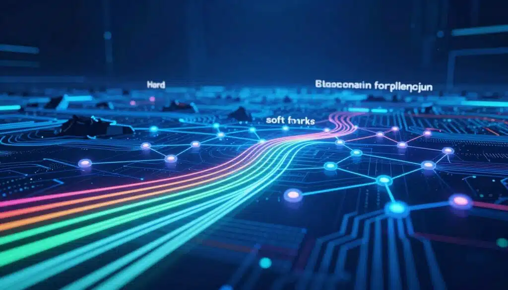 A detailed and visually engaging representation of network protocol changes in the context of blockchain forking, featuring abstract, interconnected nodes symbolizing different blockchain states. In the foreground, vibrant, luminous lines represent data flow and protocol adjustments. The middle layer showcases a digital landscape with layered circuit patterns and fragmented chains, illustrating hard and soft forks. The background includes a gradient of deep blues and cyans, evoking a futuristic tech environment. Utilize dramatic lighting to create a sense of innovation and transformation, with a focus on angles that lead the viewer's eye through the complex interactions. The overall mood should convey a blend of technical sophistication and dynamic evolution, emphasizing the implications of protocol changes in blockchain networks.