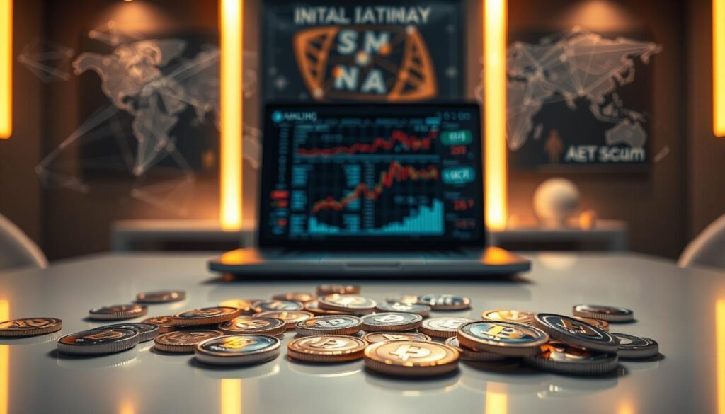 A detailed composition featuring digital tokens scattered across a sleek, futuristic table surface in a softly lit room. The foreground showcases shiny, colorful tokens with intricate designs, reflecting light in a way that creates a sense of depth. In the middle, a semi-transparent laptop screen displays data analytics, subtly hinting at cryptocurrency activity. Surrounding the scene, blurred backgrounds reveal suggestive elements like a map of the digital world and abstract graphs symbolizing market trends. The lighting is warm yet serious, casting gentle shadows that enhance the atmosphere of caution and intrigue. The overall mood is alert and contemplative, evoking a sense of vigilance towards potential scams lurking in the digital realm.