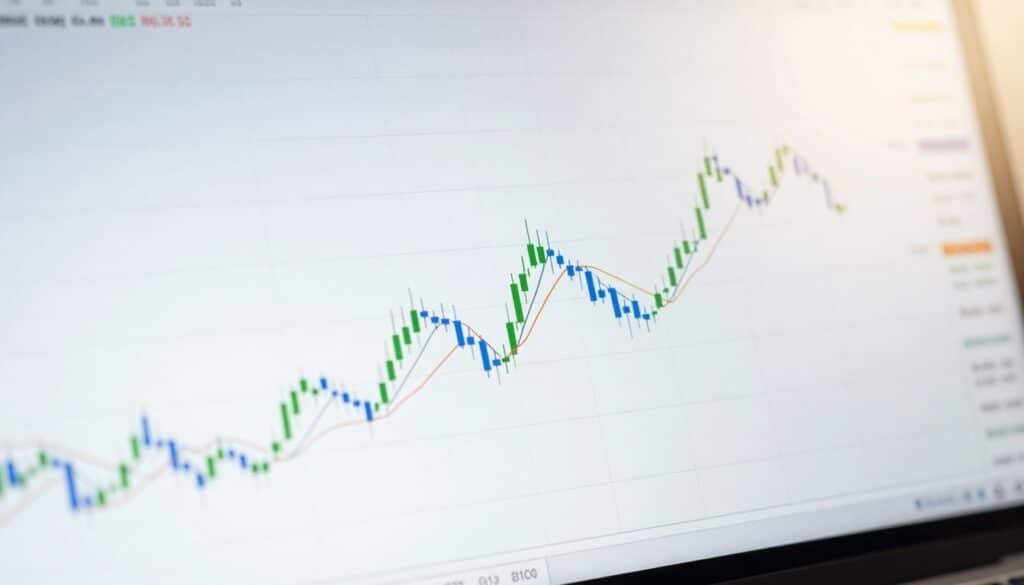 A detailed daily chart displayed prominently in the foreground, showcasing candlestick patterns and indicators in a vibrant color palette of blues and greens. The middle ground features subtle grid lines and a faint overlay of previous weekly and monthly trends, blending seamlessly into the background. The background is a soft gradient of light gray to white, creating a clean and professional atmosphere. The lighting is bright and even, emphasizing the chart details without harsh shadows, simulating a well-lit office space. The angle is slightly tilted for dynamism, focusing attention on the daily chart while maintaining clarity. The overall mood is analytical and focused, inviting viewers to engage deeply with the time frame analysis. The absence of any text or additional graphical elements ensures a clean presentation of the data.