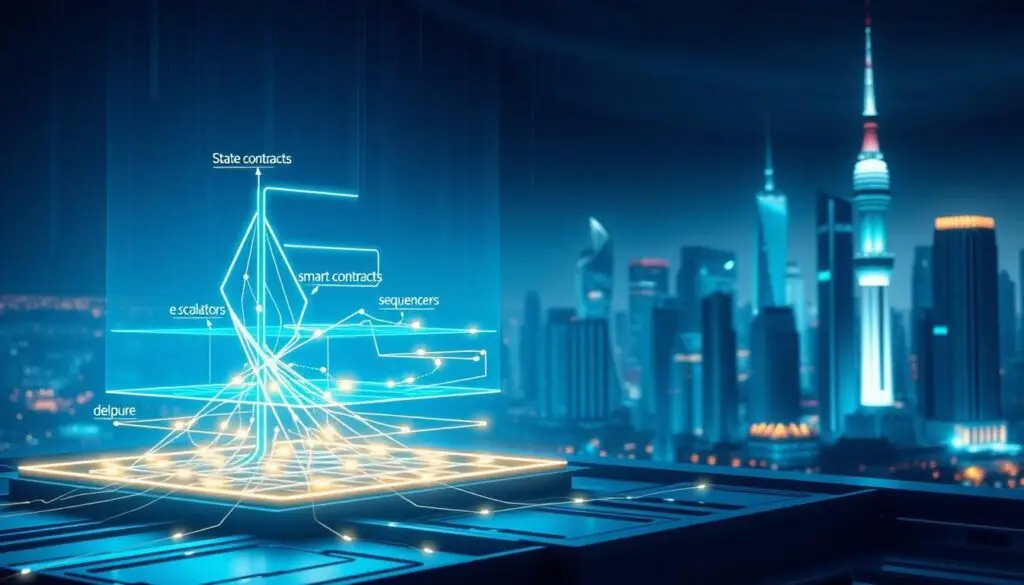 A detailed depiction of a "state root" in the context of optimistic rollups. In the foreground, illustrate a stylized digital representation of a blockchain state tree, modern and geometric, with vibrant colors like blue and green to signify data integrity. The middle ground features abstract layers representing smart contracts and sequencers, interconnected with glowing lines and nodes, symbolizing communication and execution. The background showcases a futuristic city skyline, with a hint of a digital network overlay, emphasizing scalability and technology. Use dramatic lighting techniques to create depth, with a slightly elevated angle for a dynamic perspective. The overall mood should be innovative and forward-thinking, embodying the essence of blockchain technology. A detailed depiction of a "state root" in the context of optimistic rollups. In the foreground, illustrate a stylized digital representation of a blockchain state tree, modern and geometric, with vibrant colors like blue and green to signify data integrity. The middle ground features abstract layers representing smart contracts and sequencers, interconnected with glowing lines and nodes, symbolizing communication and execution. The background showcases a futuristic city skyline, with a hint of a digital network overlay, emphasizing scalability and technology. Use dramatic lighting techniques to create depth, with a slightly elevated angle for a dynamic perspective. The overall mood should be innovative and forward-thinking, embodying the essence of blockchain technology.