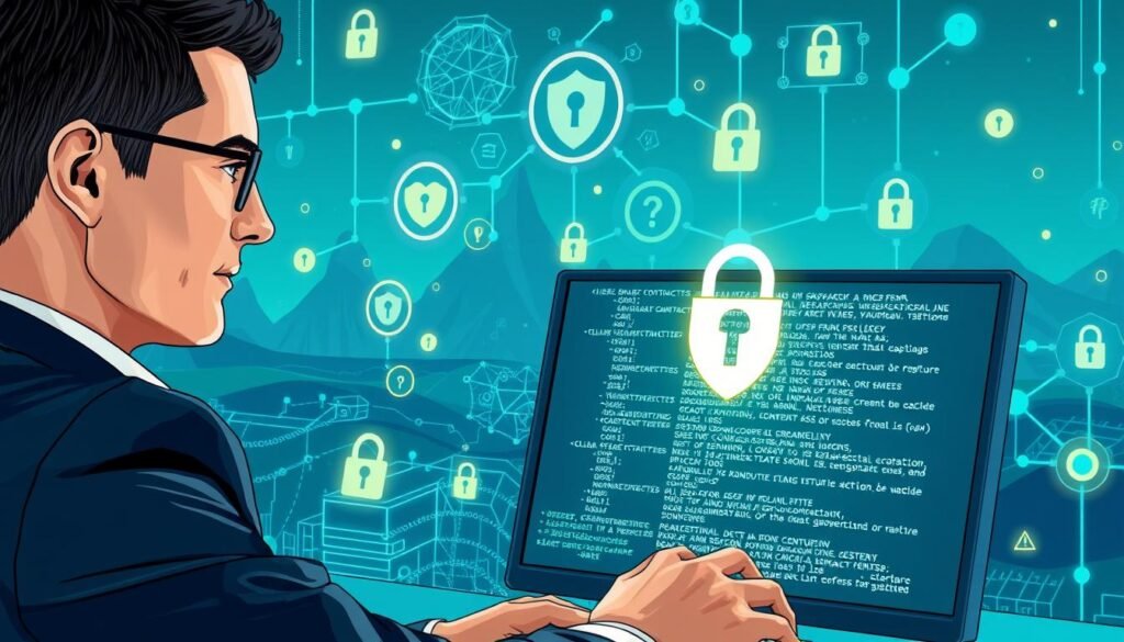 A detailed illustration depicting the concept of identifying smart contract risks. In the foreground, a professional individual dressed in business attire, focused and analyzing code on a high-tech screen displaying smart contract data. In the middle ground, various security symbols like shields and locks are intertwined with confusing lines of code, representing potential vulnerabilities. The background shows a digital landscape filled with abstract representations of blockchain structures, glowing nodes, and warning signals, all rendered in a cool blue and green color palette, conveying a sense of high-tech vigilance. The lighting emphasizes the computer screen, casting a soft glow on the individual’s face, creating a serious and alert atmosphere as they navigate the complex world of smart contract security. A detailed illustration depicting the concept of identifying smart contract risks. In the foreground, a professional individual dressed in business attire, focused and analyzing code on a high-tech screen displaying smart contract data. In the middle ground, various security symbols like shields and locks are intertwined with confusing lines of code, representing potential vulnerabilities. The background shows a digital landscape filled with abstract representations of blockchain structures, glowing nodes, and warning signals, all rendered in a cool blue and green color palette, conveying a sense of high-tech vigilance. The lighting emphasizes the computer screen, casting a soft glow on the individual’s face, creating a serious and alert atmosphere as they navigate the complex world of smart contract security.