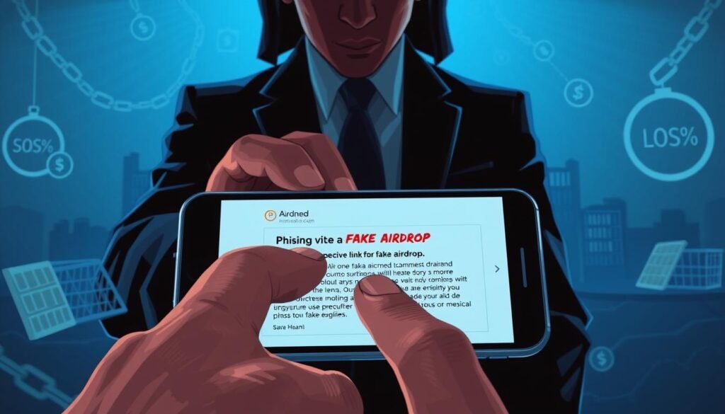 A detailed illustration depicting the mechanics of fake airdrop scams. In the foreground, a smartphone screen showing a phishing message inviting users to click a suspicious link for a fake airdrop, with a finger hovering over the screen. In the middle, a shadowy figure in professional business attire, representing the scammer, behind the phone, subtly manipulating the scene. The background features a digital landscape illustrating drained cryptocurrency wallets and ominous symbols representing loss, like empty bins or broken chains. The lighting is moody and dramatic, with a bluish tint creating a sense of unease, emphasizing the digital theme. Use a perspective angle that highlights both the phone and the unseen presence of the scammer, evoking tension and caution.