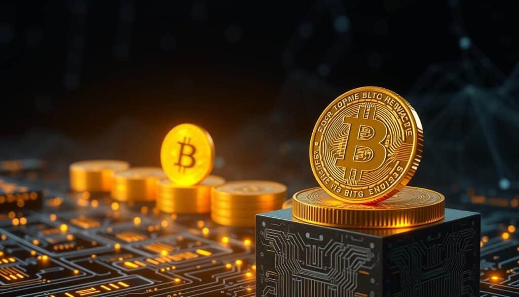 A detailed illustration of a Bitcoin block reward chain, featuring gleaming digital coins with the Bitcoin logo prominently displayed, representing the reward structure. In the foreground, a shiny stack of coins atop a block with intricate circuitry patterns illuminating from underneath, showcasing the technology behind Bitcoin mining. In the middle ground, visualize a series of halving events represented by a gradient of light, transitioning from vibrant gold to dim silver, symbolizing the gradual decrease in block rewards. The background should have a dark, tech-inspired ambiance with abstract blockchain motifs. Soft, focused lighting highlights the coins, casting subtle shadows, creating an atmosphere of innovation and anticipation. Capture the essence of cryptocurrency economics in an engaging and visually compelling way.