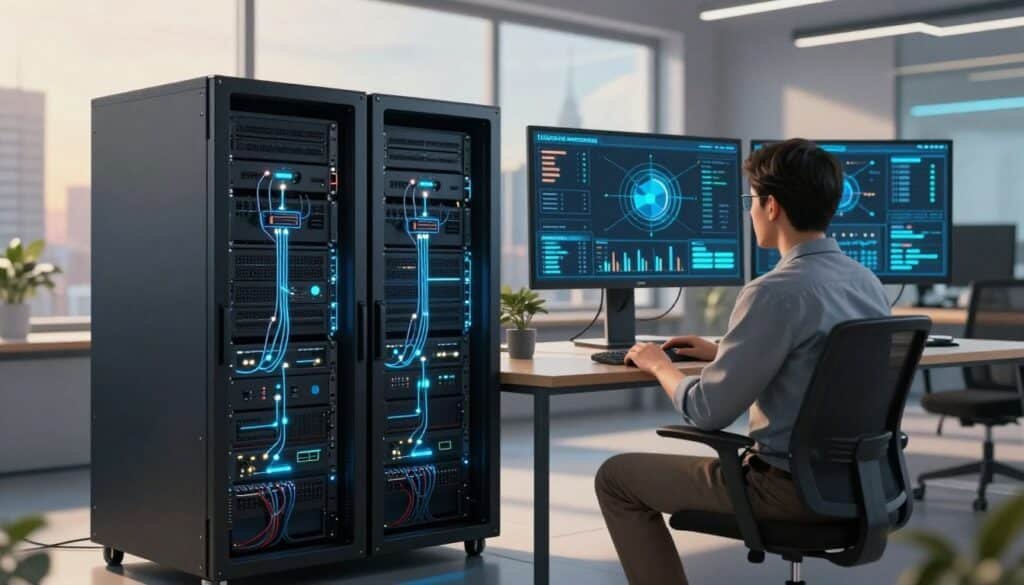A detailed illustration of a blockchain full node server setup in a sleek, modern office environment. In the foreground, a high-tech server rack with multiple illuminated servers, each displaying intricate network connections and data streams. The middle ground features a professional individual in casual business attire, intently monitoring the node's performance on a large screen filled with graphical data representations and stats, showcasing the node's activity. The background showcases a futuristic cityscape through large windows, bathed in warm, natural light creating a productive atmosphere. Use a wide-angle lens to capture depth and detail, emphasizing the sophisticated technology and the professional environment. The mood is focused and innovative, reflecting the cutting-edge nature of blockchain technology.