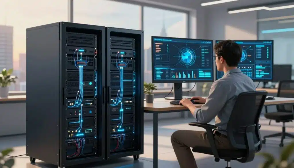 A detailed illustration of a blockchain full node server setup in a sleek, modern office environment. In the foreground, a high-tech server rack with multiple illuminated servers, each displaying intricate network connections and data streams. The middle ground features a professional individual in casual business attire, intently monitoring the node's performance on a large screen filled with graphical data representations and stats, showcasing the node's activity. The background showcases a futuristic cityscape through large windows, bathed in warm, natural light creating a productive atmosphere. Use a wide-angle lens to capture depth and detail, emphasizing the sophisticated technology and the professional environment. The mood is focused and innovative, reflecting the cutting-edge nature of blockchain technology. A detailed illustration of a blockchain full node server setup in a sleek, modern office environment. In the foreground, a high-tech server rack with multiple illuminated servers, each displaying intricate network connections and data streams. The middle ground features a professional individual in casual business attire, intently monitoring the node's performance on a large screen filled with graphical data representations and stats, showcasing the node's activity. The background showcases a futuristic cityscape through large windows, bathed in warm, natural light creating a productive atmosphere. Use a wide-angle lens to capture depth and detail, emphasizing the sophisticated technology and the professional environment. The mood is focused and innovative, reflecting the cutting-edge nature of blockchain technology.