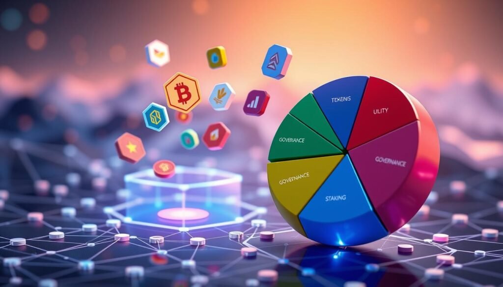 A detailed illustration of a tokenomics model, showcasing an interconnected network of cryptocurrency tokens. In the foreground, a 3D pie chart displays the distribution of tokens, with vibrant colors representing various allocations such as utility, governance, and staking. In the middle ground, floating icons symbolize different functions of tokens, like transactions, rewards, and governance, emerging from a blockchain-inspired design. In the background, a digital landscape of abstract geometric shapes represents the evolving nature of cryptocurrency economics. The lighting is soft and dynamic, highlighting the tokens and creating a futuristic atmosphere. The image is captured from a slightly elevated angle to provide depth, evoking curiosity and engagement with the innovative concept of tokenomics in the crypto world.