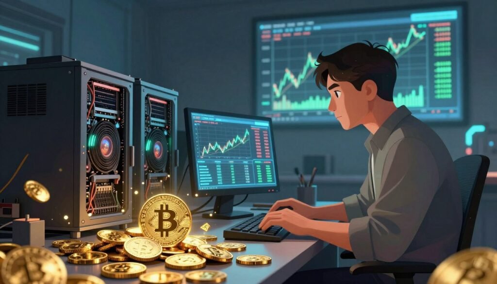 A detailed illustration of bitcoin mining rewards, featuring a miner in professional casual clothing, focused on a digital display that shows fluctuating bitcoin values and mining statistics. In the foreground, depict golden coins symbolizing winnings, glimmering and slightly scattered around the miner. In the mid-ground, visualize a digital digital mining rig setup with glowing graphics cards, emphasizing the intricate technology behind bitcoin mining. The background should feature a dimly lit room with a large screen displaying historic price charts of bitcoin, with soft blue and green lighting that evokes a high-tech atmosphere. The overall mood is one of anticipation and strategy, capturing the essence of market influence through mining rewards. Use a wide-angle perspective to enhance depth, with a focus on the miner's concentrated expression. A detailed illustration of bitcoin mining rewards, featuring a miner in professional casual clothing, focused on a digital display that shows fluctuating bitcoin values and mining statistics. In the foreground, depict golden coins symbolizing winnings, glimmering and slightly scattered around the miner. In the mid-ground, visualize a digital digital mining rig setup with glowing graphics cards, emphasizing the intricate technology behind bitcoin mining. The background should feature a dimly lit room with a large screen displaying historic price charts of bitcoin, with soft blue and green lighting that evokes a high-tech atmosphere. The overall mood is one of anticipation and strategy, capturing the essence of market influence through mining rewards. Use a wide-angle perspective to enhance depth, with a focus on the miner's concentrated expression.