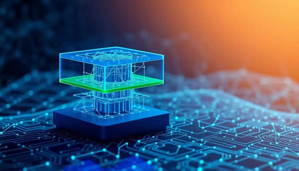 A detailed illustration of layer blockchain architecture, emphasizing Layer 1 and Layer 2 systems. In the foreground, a 3D representation of two layers stacked, with Layer 1 depicted as a solid, robust structure in blue, while Layer 2 is represented as a translucent overlay in green. In the middle ground, intricate network nodes and connections illustrate dynamic interactions and transactions between the layers. In the background, a soft-focus digital landscape with abstract circuit patterns symbolizing the internet and technology. Dramatic lighting casts shadows to accentuate depth, using a slight low-angle perspective for emphasis. The overall atmosphere is modern and futuristic, evoking a sense of innovation in cryptocurrency technology.