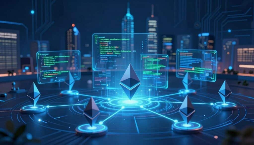 A detailed illustration of the Ethereum blockchain ecosystem at work, showcasing a visually engaging representation of smart contracts executing on the Ethereum Virtual Machine (EVM). In the foreground, digitally-rendered Ethereum nodes, connected by glowing lines symbolizing transactions, are positioned prominently. The middle layer features a stylized, abstract representation of code snippets and contracts being executed, with bright blue and green lighting. The background highlights a futuristic city skyline, symbolizing innovation in technology, wrapped in a digital circuit pattern that conveys a sense of depth and complexity. The atmosphere is dynamic, reflecting the cutting-edge nature of blockchain technology, with a cool color palette and a softly blurred focus to emphasize the flow of data through the network.