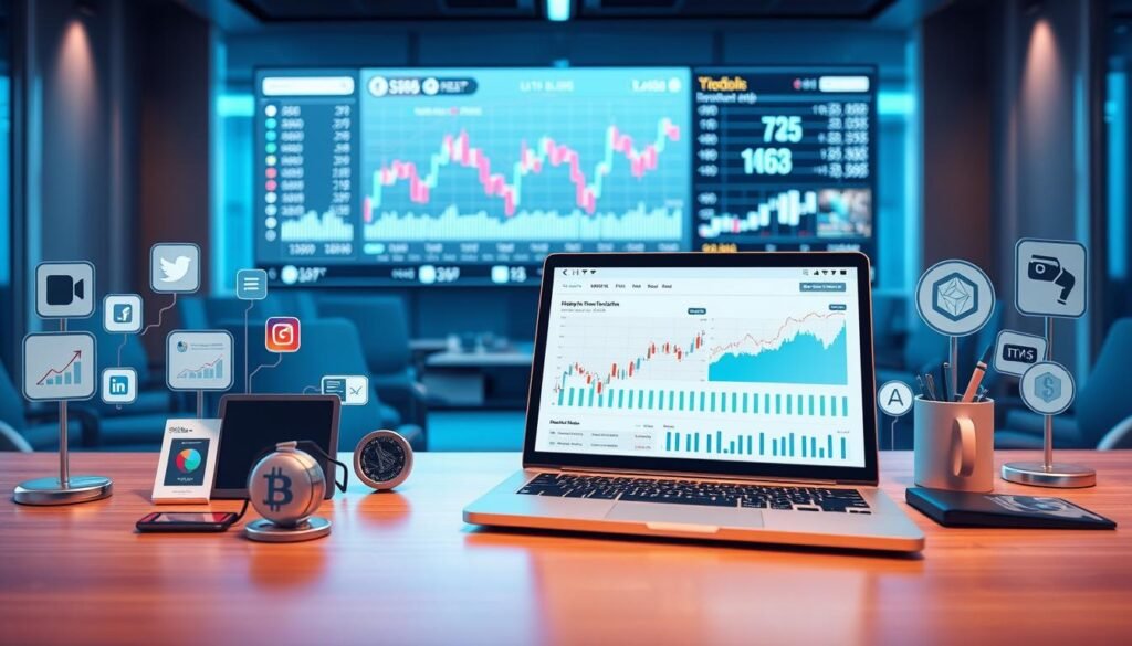 A detailed illustration of the concept of "data sources" in cryptocurrency analysis. In the foreground, depict a sleek, modern desktop with an open laptop displaying graphs and charts related to the Cryptocurrency Fear and Greed Index. Surrounding the laptop, include various data source icons like social media, market news, and historical price charts. In the middle ground, show a large digital screen displaying a fluctuating index, with numerical data and visualizations that suggest various market sentiments. In the background, create a tech-focused office ambiance with soft blue lighting, conveying a professional atmosphere. Use a wide-angle perspective to capture the interconnectedness of these data sources, highlighting their importance in calculating the index, while maintaining a clean and organized look.