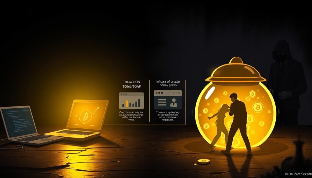 A detailed illustration of the lifecycle of a crypto honeypot. In the foreground, depict a stylized digital trap resembling a golden honeypot, symbolizing the allure of crypto investments with light reflections that create an inviting glow. The middle ground should feature a sequence of steps, including elements like coding on a laptop, a deceptive website interface displaying inflated token prices, and a user hesitantly reaching towards the honeypot. In the background, visualize a shadowy figure, representing the scammer, observing and manipulating the scene. The atmosphere should be tense and foreboding, with dark tones contrasted by the shimmering golden honeypot. Use chiaroscuro lighting for dramatic effect, capturing the sense of impending disaster from the trap. The perspective should be slightly angled to emphasize depth and engagement. A detailed illustration of the lifecycle of a crypto honeypot. In the foreground, depict a stylized digital trap resembling a golden honeypot, symbolizing the allure of crypto investments with light reflections that create an inviting glow. The middle ground should feature a sequence of steps, including elements like coding on a laptop, a deceptive website interface displaying inflated token prices, and a user hesitantly reaching towards the honeypot. In the background, visualize a shadowy figure, representing the scammer, observing and manipulating the scene. The atmosphere should be tense and foreboding, with dark tones contrasted by the shimmering golden honeypot. Use chiaroscuro lighting for dramatic effect, capturing the sense of impending disaster from the trap. The perspective should be slightly angled to emphasize depth and engagement.