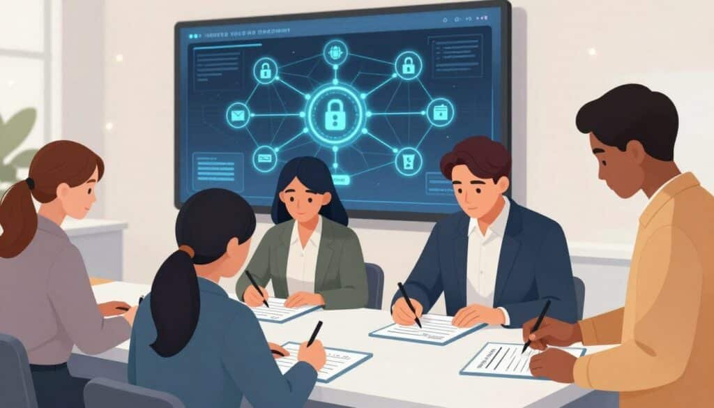 A detailed illustration of the voter registration process in a vibrant, engaging style. In the foreground, a diverse group of individuals, dressed in professional business attire, are engaged in filling out voter registration forms at a sleek, modern registration booth. In the middle background, a digital screen displays a blockchain diagram, connecting the concepts of registration and voting with glowing nodes and lines, representing network security and transparency. The setting is well-lit, with soft, ambient lighting that conveys a sense of trust and hope. The scene is framed from a slight upward angle, emphasizing the importance of civic duty. The atmosphere feels collaborative and encouraging, illustrating the seamless integration of technology in enhancing democratic participation. A detailed illustration of the voter registration process in a vibrant, engaging style. In the foreground, a diverse group of individuals, dressed in professional business attire, are engaged in filling out voter registration forms at a sleek, modern registration booth. In the middle background, a digital screen displays a blockchain diagram, connecting the concepts of registration and voting with glowing nodes and lines, representing network security and transparency. The setting is well-lit, with soft, ambient lighting that conveys a sense of trust and hope. The scene is framed from a slight upward angle, emphasizing the importance of civic duty. The atmosphere feels collaborative and encouraging, illustrating the seamless integration of technology in enhancing democratic participation.