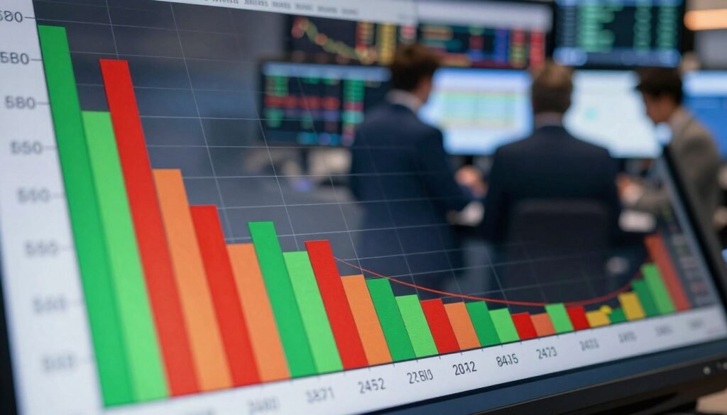 A detailed market depth chart displayed prominently in the foreground, showcasing vibrant colored bars representing buy and sell orders. The bars vary in height to illustrate the volume of orders at different price levels, with a clear distinction between the buy side (green) and sell side (red). In the middle ground, a subtle grid pattern provides context, emphasizing the chart's price scale. The background features a blurred image of a trading floor with professional traders in business attire analyzing data on screens, the atmosphere conveying focus and intensity. Soft, focused lighting illuminates the chart, creating a sense of clarity and importance. The perspective is a slight downward angle, allowing viewers to engage with the chart directly. The overall mood is analytical and professional, suited for a finance-related discussion.