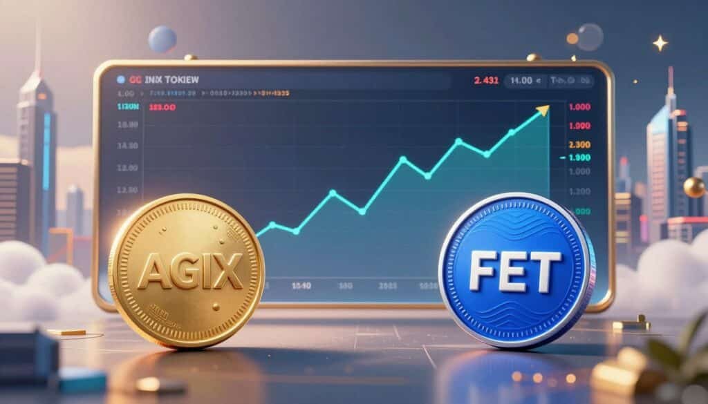 A detailed market snapshot illustrating the comparison between AGIX Token and FET Token. In the foreground, display two digital tokens labeled "AGIX" and "FET" intricately designed with unique colors and patterns, representing their individual identities. In the middle ground, a sleek trading chart highlights key metrics like price movement and trading volume, with arrows indicating trends. The background features a futuristic city skyline, symbolizing a thriving tech landscape, with soft, ambient light filtering through clouds to create a hopeful atmosphere. Use a wide-angle lens to capture the depth of the scene, ensuring a balanced composition with professional lighting that enhances the tokens and chart, instilling a sense of progress and possibility.
