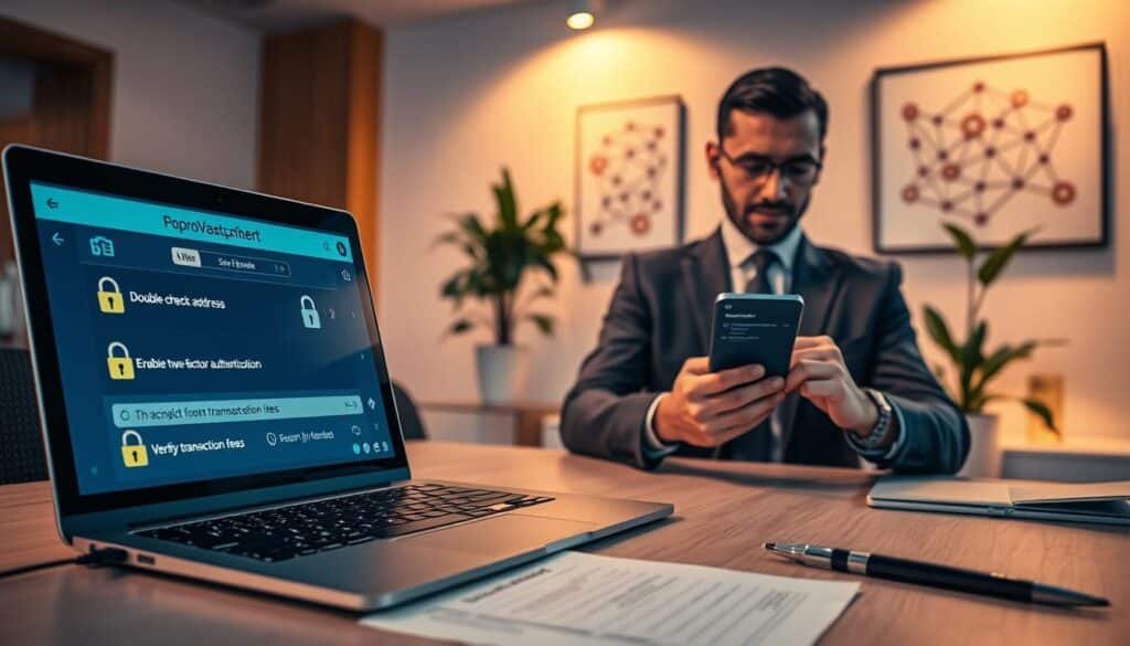 A detailed, professional workspace focused on security in cryptocurrency transactions. In the foreground, a clean, organized desk features a high-tech laptop displaying a digital wallet interface, with visual elements like padlocks and security shields to symbolize protection. Beside the laptop, a checklist with ticked boxes for "double-check address," "enable two-factor authentication," and "verify transaction fees" is highlighted. In the middle ground, a confident individual in professional business attire intently reviews a smartphone displaying security alerts and notifications, ensuring a thorough preparatory process. The background showcases a softly lit room with blockchain-themed wall art and a potted plant, creating a focused yet calming atmosphere. The overall mood is serious and diligent, with warm, ambient lighting enhancing the sense of security and professionalism. A detailed, professional workspace focused on security in cryptocurrency transactions. In the foreground, a clean, organized desk features a high-tech laptop displaying a digital wallet interface, with visual elements like padlocks and security shields to symbolize protection. Beside the laptop, a checklist with ticked boxes for "double-check address," "enable two-factor authentication," and "verify transaction fees" is highlighted. In the middle ground, a confident individual in professional business attire intently reviews a smartphone displaying security alerts and notifications, ensuring a thorough preparatory process. The background showcases a softly lit room with blockchain-themed wall art and a potted plant, creating a focused yet calming atmosphere. The overall mood is serious and diligent, with warm, ambient lighting enhancing the sense of security and professionalism.