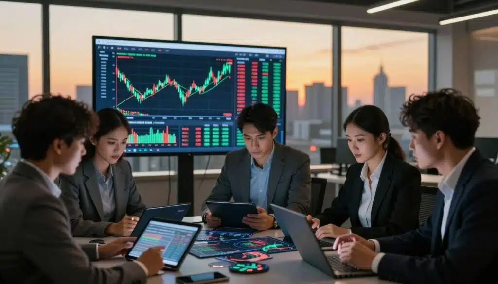 A detailed representation of fundamental analysis in the crypto markets. In the foreground, a diverse group of professionals dressed in business attire, depicting focused analysis, are examining charts and graphs on digital tablets. The middle ground showcases a large, interactive display board filled with vibrant cryptocurrency data and market trends, with glowing green and red price indicators. The background features a high-tech office environment with large windows revealing a city skyline at dusk, casting a warm, golden light into the room. The atmosphere is dynamic and serious, emphasizing collaboration and in-depth analysis in a contemporary financial setting, captured with a shallow depth of field to highlight the experts at work.