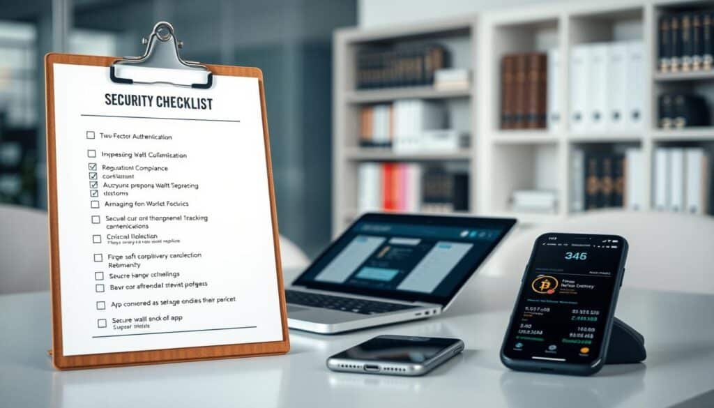 A detailed security checklist displayed prominently on a clean, modern desk setup in a well-lit office environment. In the foreground, the checklist is neatly organized on a clipboard, featuring bullet points like "Two-Factor Authentication," "Regulatory Compliance," and "Secure Wallet Selection." The middle ground includes a stylish laptop with open cryptocurrency apps, and a smartphone next to it, showcasing an app interface that's user-friendly. The background features a slight blur of a bookshelf filled with professional books on finance and security, enhancing the context. Soft, natural lighting creates a focused and professional atmosphere, while a shallow depth of field draws attention to the checklist. The overall mood is one of diligence, trustworthiness, and professionalism, ideal for users in the cryptocurrency space.