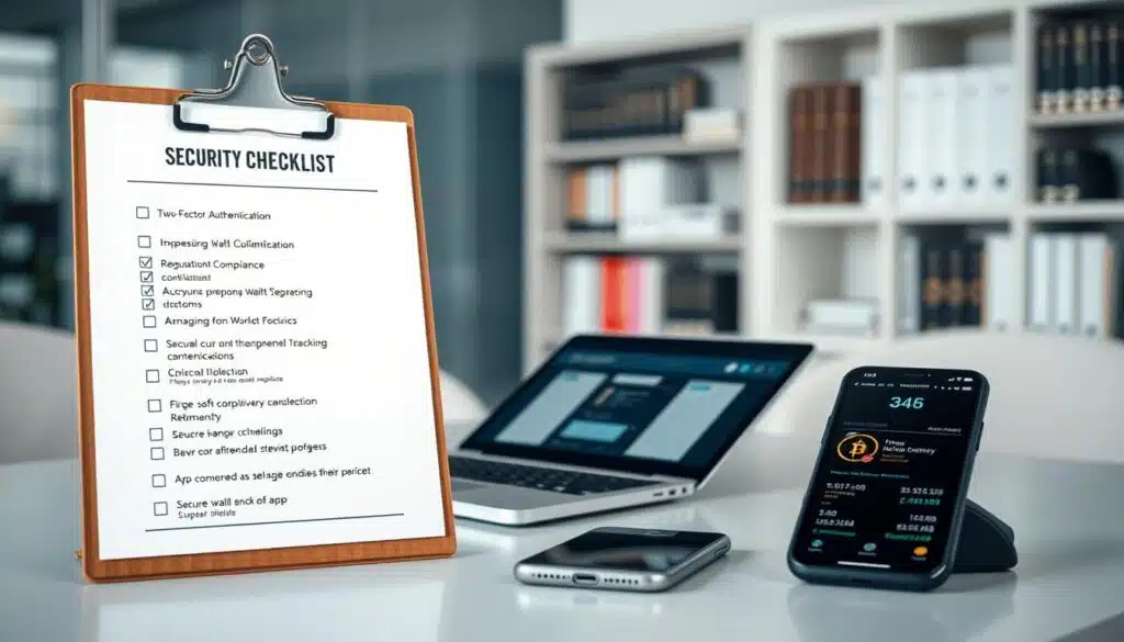 A detailed security checklist displayed prominently on a clean, modern desk setup in a well-lit office environment. In the foreground, the checklist is neatly organized on a clipboard, featuring bullet points like "Two-Factor Authentication," "Regulatory Compliance," and "Secure Wallet Selection." The middle ground includes a stylish laptop with open cryptocurrency apps, and a smartphone next to it, showcasing an app interface that's user-friendly. The background features a slight blur of a bookshelf filled with professional books on finance and security, enhancing the context. Soft, natural lighting creates a focused and professional atmosphere, while a shallow depth of field draws attention to the checklist. The overall mood is one of diligence, trustworthiness, and professionalism, ideal for users in the cryptocurrency space.