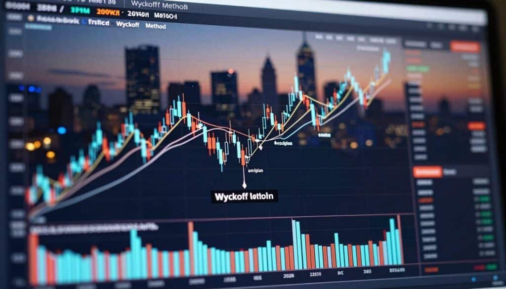 A detailed technical chart representing the Wyckoff Method applied to cryptocurrency trading, featuring clear candlestick formations and volume bars. In the foreground, focus on a prominent Wyckoff schematic highlighting accumulation, distribution, and the phases in the market cycles. The middle ground shows realistic price action lines with annotations that represent buying and selling pressure. In the background, a blurred city skyline at dusk conveys a futuristic trading atmosphere, illuminated by soft neon lights. The image is captured from a slightly elevated angle, emphasizing the depth of the chart, with high contrast to enhance clarity. The mood is analytical and professional, perfect for a financial analysis context.
